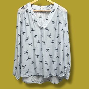 Women's Hinge Gray Ostrich Print V-Neck Lightweight Top‎ Sz M